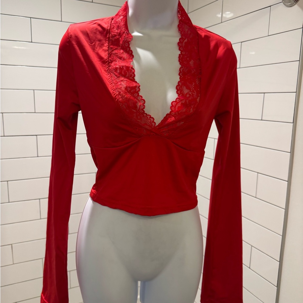 Red Lace Trim Long Sleeve Top